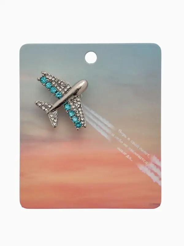 Брошь &laquo;Летящий самолёт&raquo;, белый, голубая в серебре