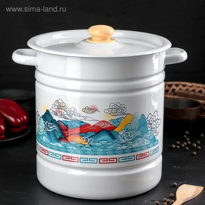 Мантоварка - позница, 12 л, 4 вставки, эмалированная, цилиндрическая, белая, рисунок МИКС