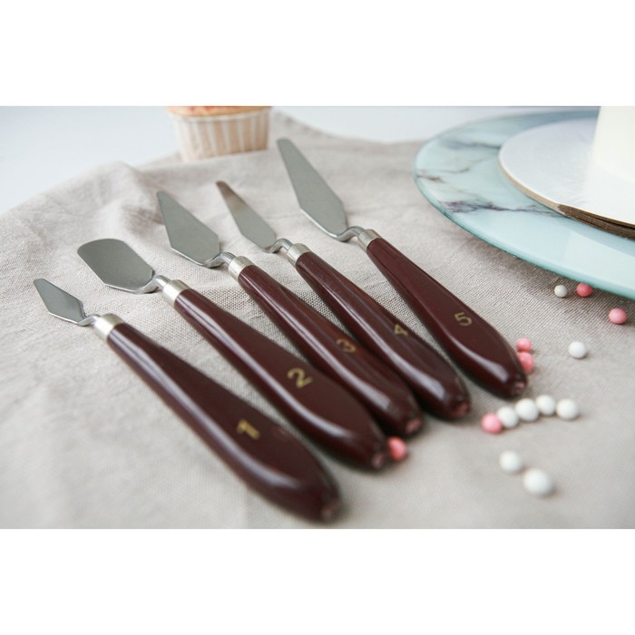 Лопатки - мастихины кондитерские Доляна, 22×2×1,5 см, набор 5 шт, нержавеющая сталь, деревянная ручка, коричневый Лопатки - мастихины кондитерские Доляна, 22×2×1,5 см, набор 5 шт, нержавеющая сталь, деревянная ручка, коричневый