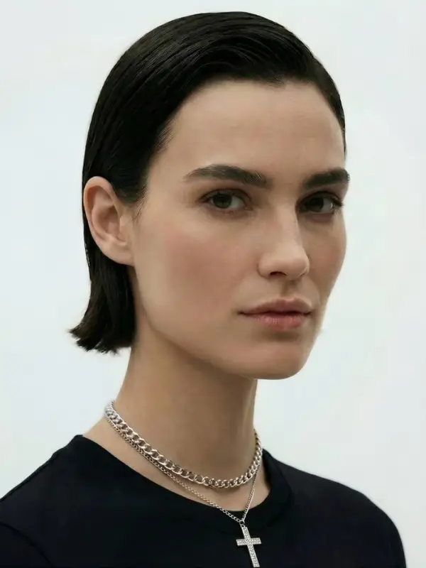 Кулон &laquo;Цепь&raquo;, крест плоский, белый в серебре, 40 см