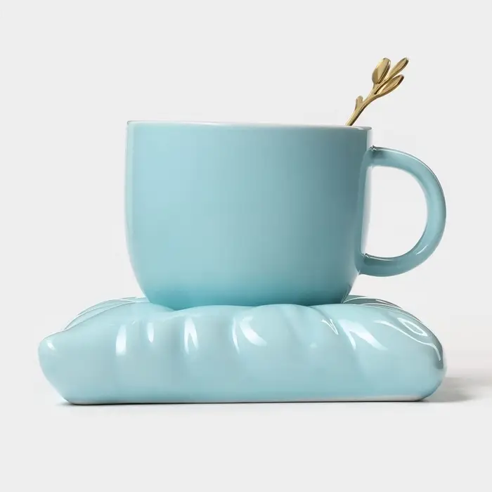 Чайная пара &laquo;Зефирка&raquo;, 3 предмета: чашка 250 мл, блюдце d=13.7 см, ложка, керамика, голубая