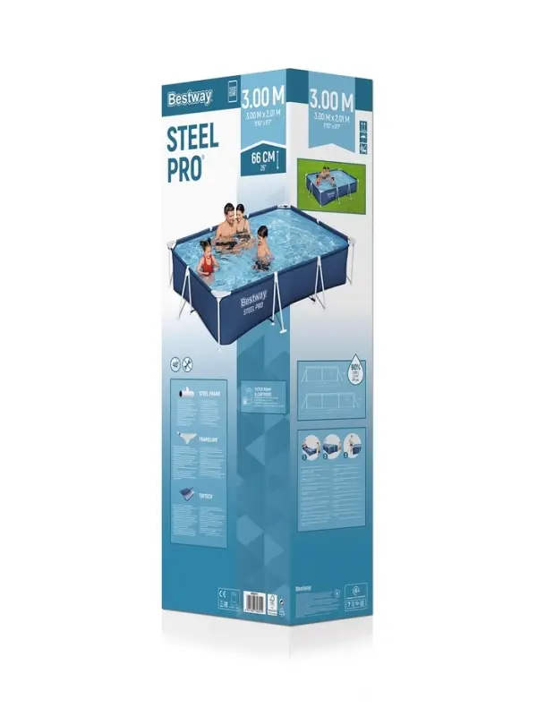 Бассейн каркасный Steel Pro, 300&times;201&times;66 см, фильтр-насос, прямоугольный, 56411 Bestway