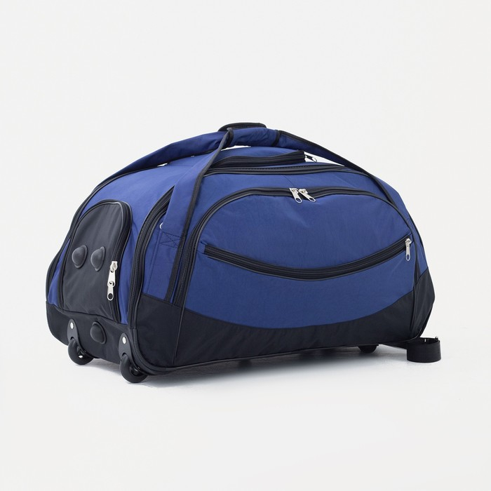 Сумка дорожная на колёсах, отдел на молнии, отдел для обуви, 3 наружных кармана, длинный ремень, цвет чёрный/синий Сумка дорожная на колёсах, отдел на молнии, отдел для обуви, 3 наружных кармана, длинный ремень, цвет чёрный/синий