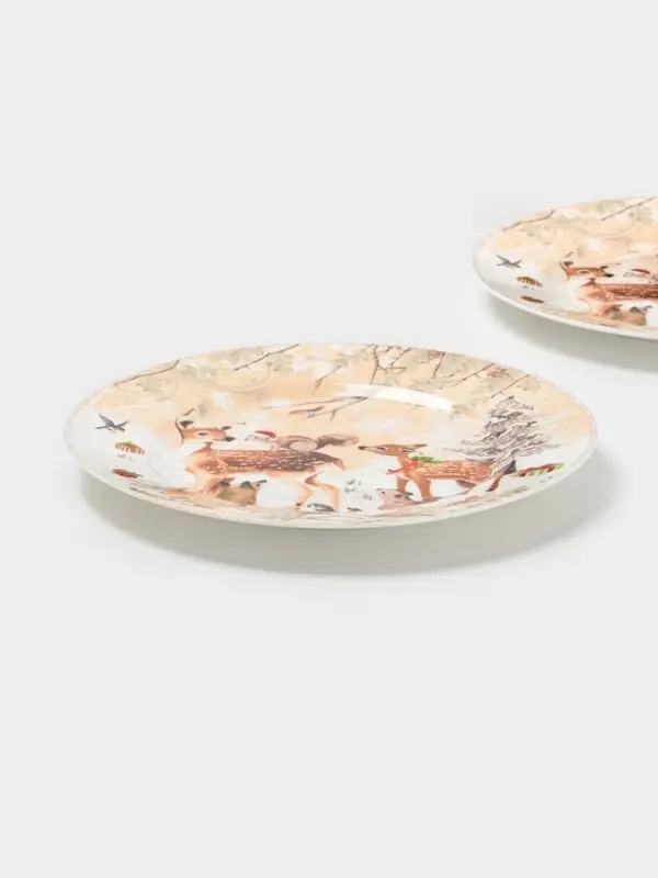 Набор тарелок новогодних «Лесное чудо», 2 шт., d=25.5 см, керамика, подарочная упаковка, бежевый Набор тарелок новогодних «Лесное чудо», 2 шт., d=25.5 см, керамика, подарочная упаковка, бежевый