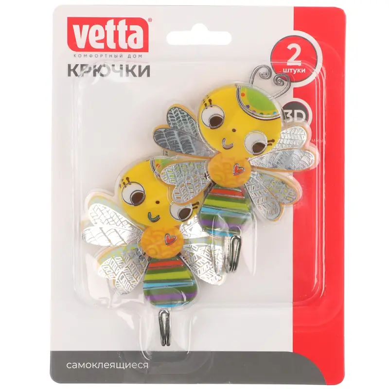 VETTA Крючки самоклеящиеся, на блистере, 2шт, ПВХ, металл, 3D, 4 дизайна