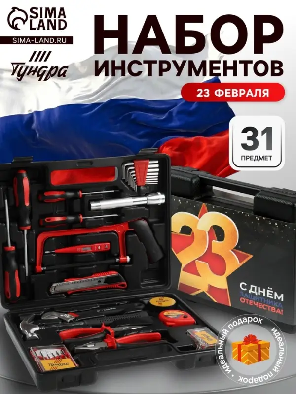 Набор инструментов в кейсе ТУНДРА &laquo;23 ФЕВРАЛЯ&raquo;, в подарочной упаковке, 31 предмет
