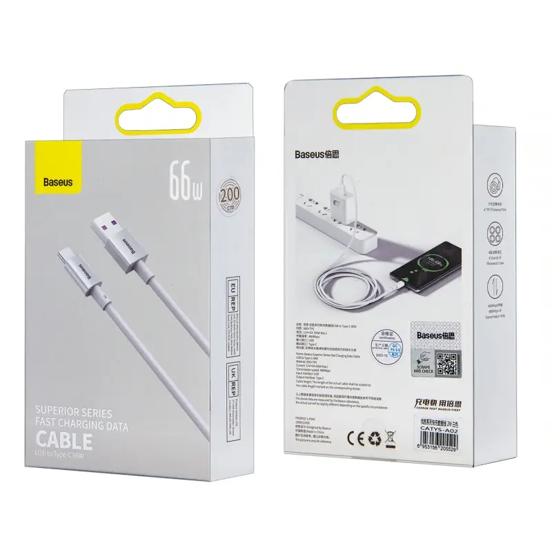 Кабель USB Type-C 2M 66W Superior Series Fast Charging Baseus белый CATYS-A02 Кабель USB Type-C 2M 66W Superior Series Fast Charging Baseus белый CATYS-A02