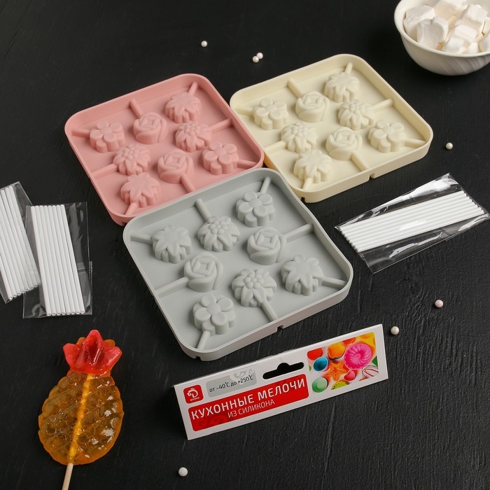 Форма для леденцов Доляна «Летний полдень», силикон, 12,5×12,5×1,5 см, 8 ячеек (2,7×2,7 см), с палочками, цвет МИКС Форма для леденцов Доляна «Летний полдень», силикон, 12,5×12,5×1,5 см, 8 ячеек (2,7×2,7 см), с палочками, цвет МИКС