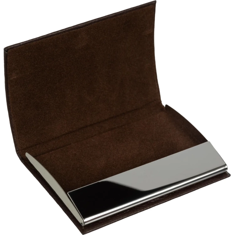 Визитница на 20 визиток металл/экокожа с шильдом д/гравировки коричн, 80106