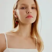 Серьги кольца &laquo;Черешня с листочком&raquo;, бордовые в серебре