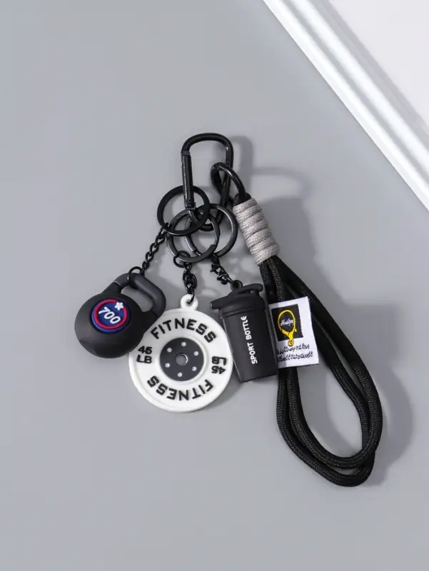 Брелок для ключей на кольце с карабином &laquo;Гиря, диск и бутылка&raquo;, на рюкзак, сумку, чёрный, 13.5&times;4.5&times;2.2 см