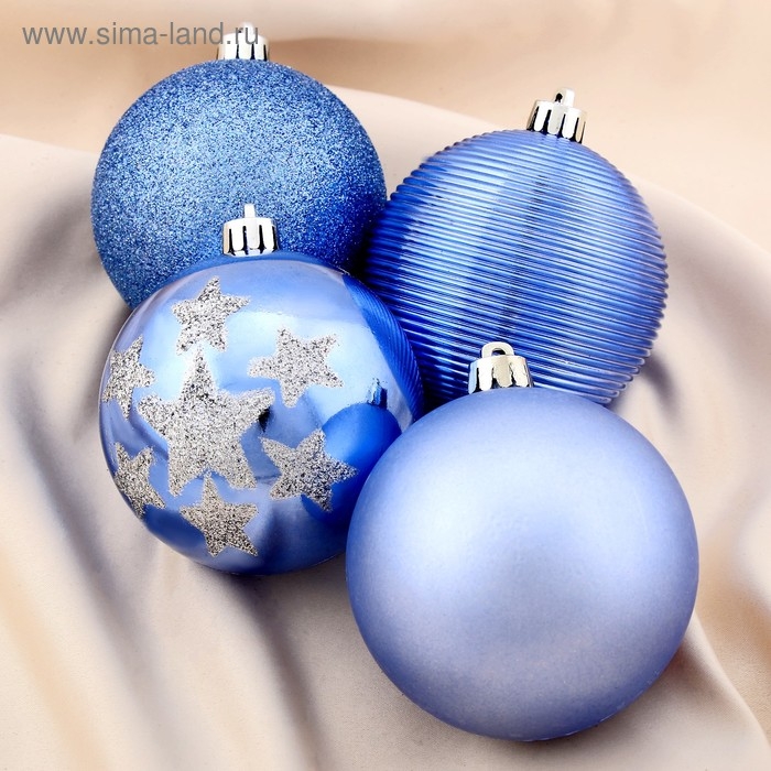 Ёлочные игрушки, шары новогодние , пластик, набор d-8 см, 4 шт Ёлочные игрушки, шары новогодние , пластик, набор d-8 см, 4 шт "Камея со звёздами" синий