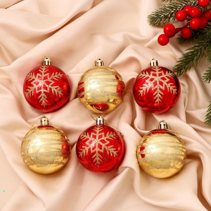 Набор шаров пластик d-6 см, 6 шт Набор шаров пластик d-6 см, 6 шт "Снежная феерия ассорти" золотисто-красный