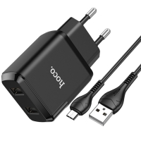 Сетевое зарядное устройство Hoco N7, 2 USB - 2.1 А, кабель microUSB 1 м, черный