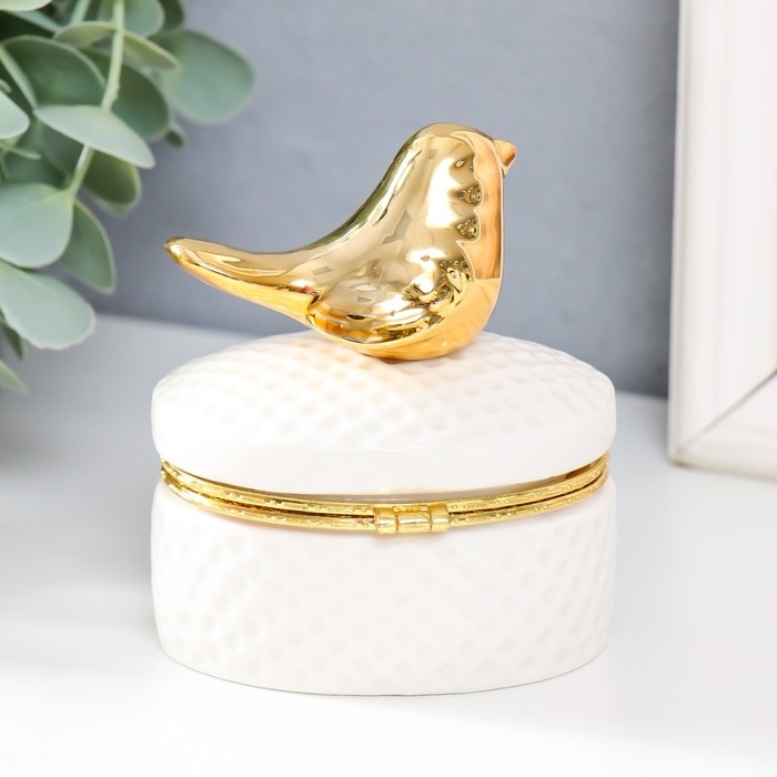 Шкатулка керамика Шкатулка керамика "Золотая птичка. Плетёнка" белая 7,5х5,6х9 см