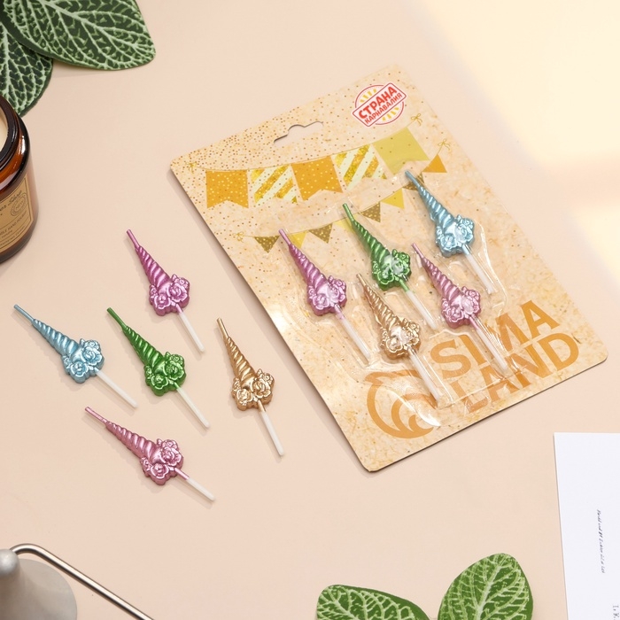 Набор свечей для торта, 5 шт  Набор свечей для торта, 5 шт "Праздничные единороги", разноцветные