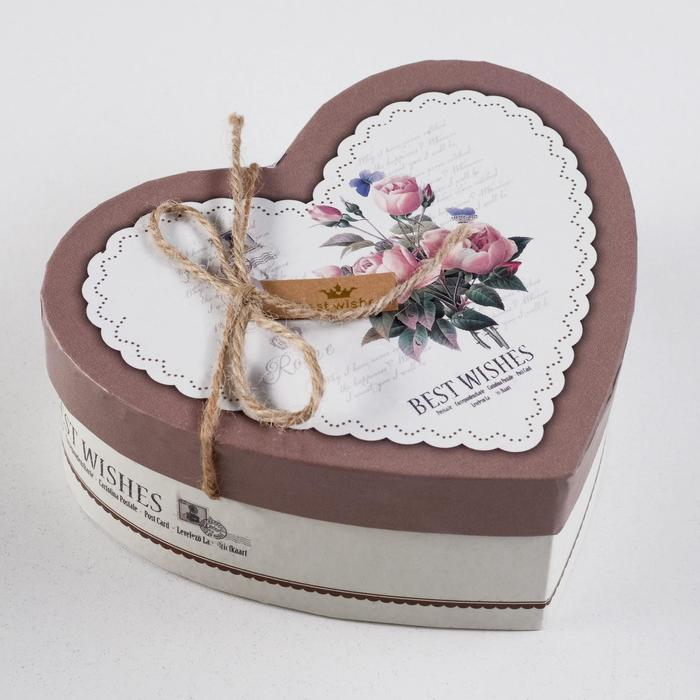Набор коробок 3 в 1 сердца  Набор коробок 3 в 1 сердца "Пионы" коричневый, 21 х 19 х 9 - 15.5 х 14 х 6 см