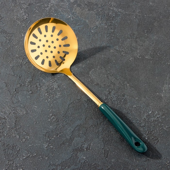 Шумовка из нержавеющей стали Base, h=35 см, цвет ручки зелёный, цвет металла золотой Шумовка из нержавеющей стали Base, h=35 см, цвет ручки зелёный, цвет металла золотой