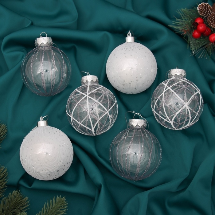 Набор шаров пластик d-8 см, 6 шт Набор шаров пластик d-8 см, 6 шт "Зимняя долина" серебро