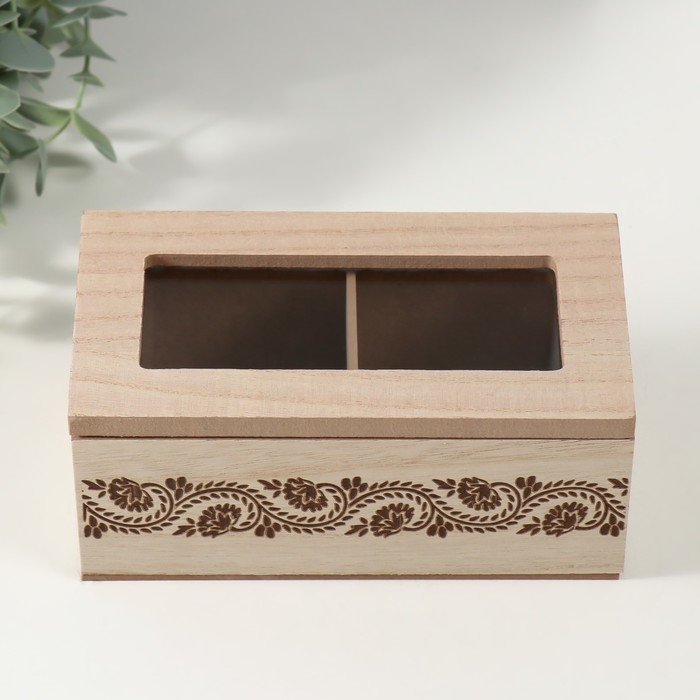 Шкатулка дерево 2 деления  Шкатулка дерево 2 деления "Цветочный узор" 8,8х16,2х7 см
