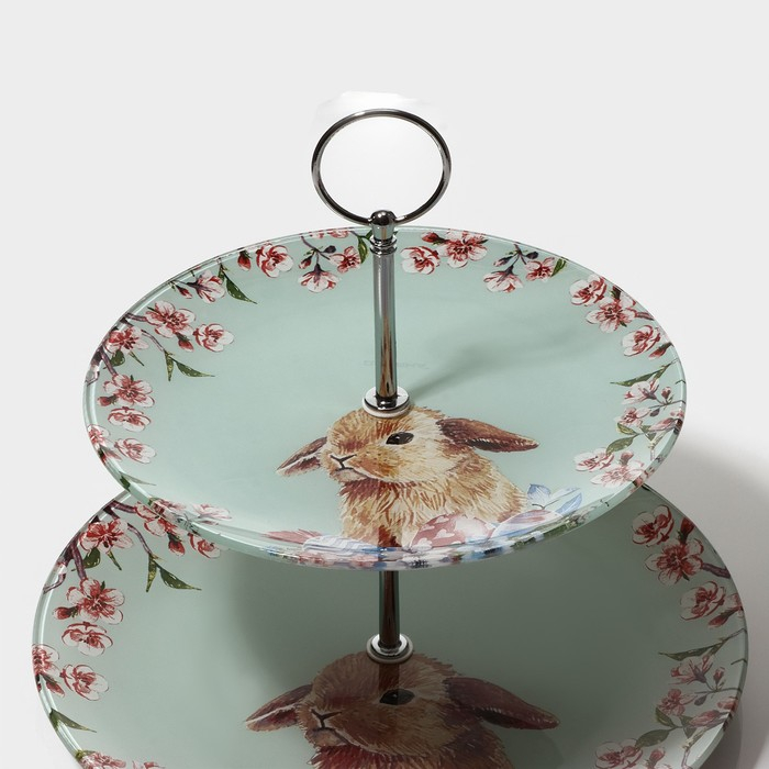 Фруктовница стеклянная 2-х ярусная круглая Доляна «Кролик», d=25/20 см, цвет голубой Фруктовница стеклянная 2-х ярусная круглая Доляна «Кролик», d=25/20 см, цвет голубой