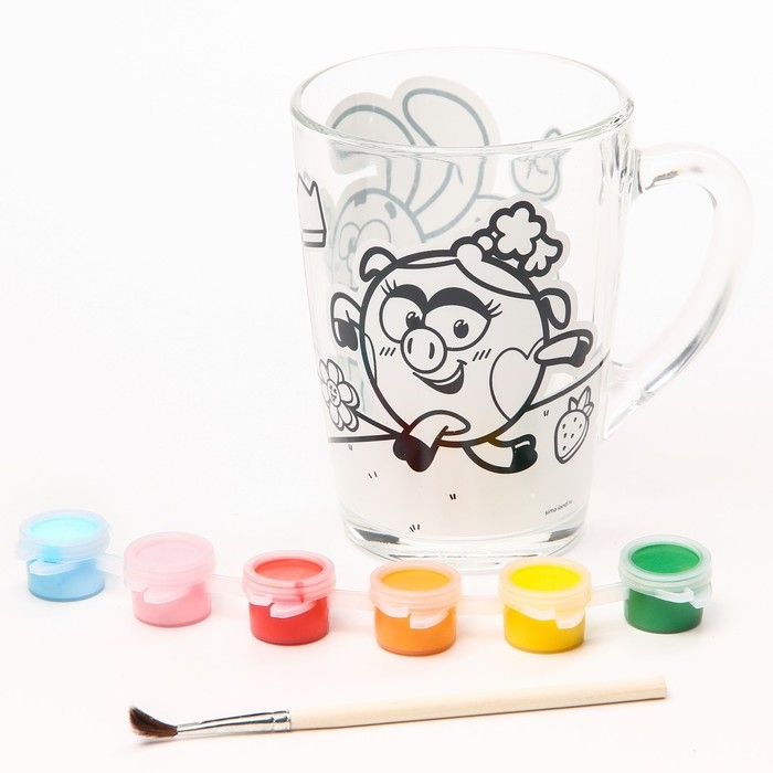 Роспись стеклянной кружки, 300 мл  Роспись стеклянной кружки, 300 мл "Нюша и Крош", Смешарики