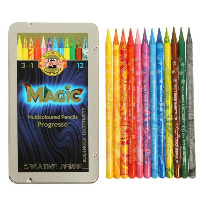 Карандаши цветные цельнографит 12 цветов Koh-I-Noor PROGRESSO MAGIC 8772, металлический пенал Карандаши цветные цельнографит 12 цветов Koh-I-Noor PROGRESSO MAGIC 8772, металлический пенал