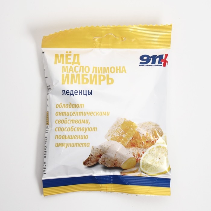 Леденцы от кашля  Леденцы от кашля "911" мед, масло лимона, имбирь, 50 г