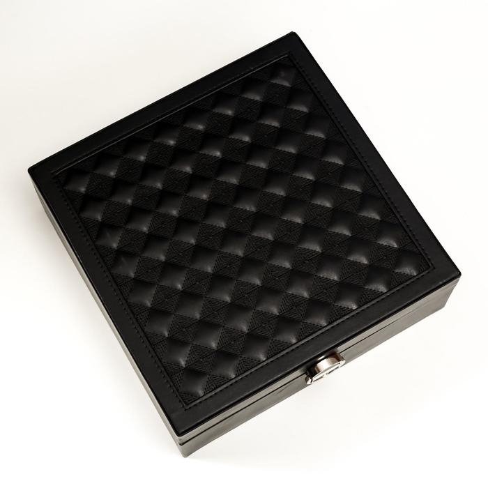 Шкатулка кожзам под часы 2 отделения и бижутерию "Ромбы черные" матовая 8,5х25х25 см