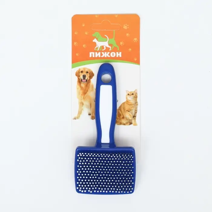 Пуходерка пластиковая мягкая с закругленными зубьями, малая, 6&times;13.5 см, бело-синяя