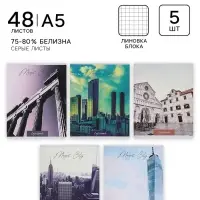 Набор тетрадей, 48 листов в клетку Calligrata &laquo;Города&raquo;, серые листы, 5 штук