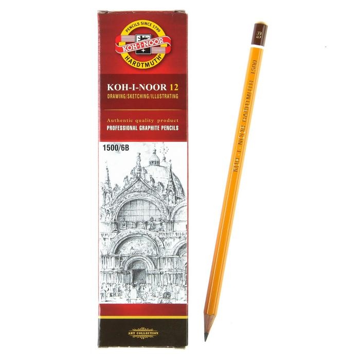 Карандаш чернографитный 2.5 мм, Koh-I-Noor 1500 6B, профессиональный, L=175 мм Карандаш чернографитный 2.5 мм, Koh-I-Noor 1500 6B, профессиональный, L=175 мм