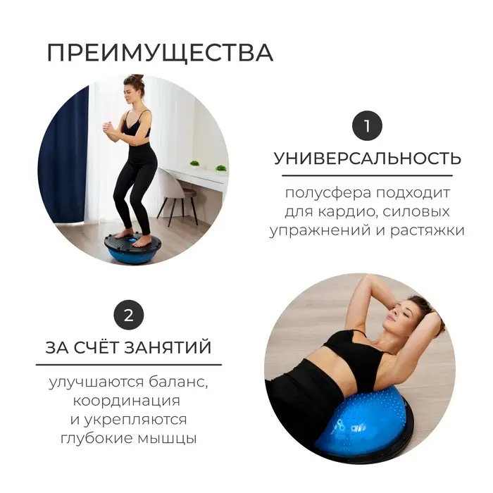 Полусфера BOSU гимнастическая ONLYTOP, массажная, с насосом, 58&times;25 см, синяя