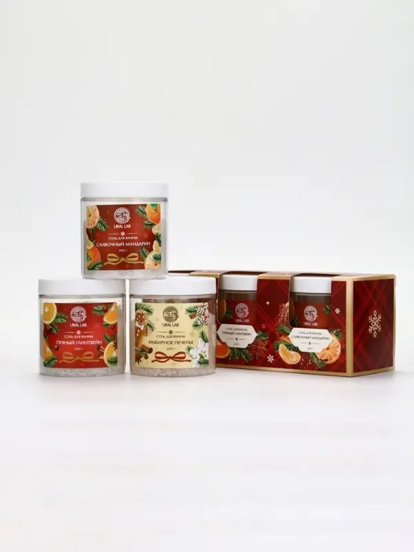 Соль для ванны, набор 3 шт х 200 г, имбирное печенье, глинвейн, мандарин, URAL LAB Соль для ванны, набор 3 шт х 200 г, имбирное печенье, глинвейн, мандарин, URAL LAB