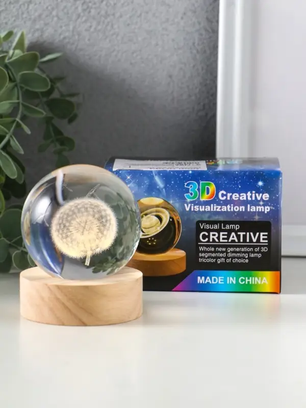 Световая фигурка &laquo;Одуванчик&raquo;, LED-ночник, стекло d=6 см, подставка дерево, USB, 6.5&times;6.5&times;7.5 см