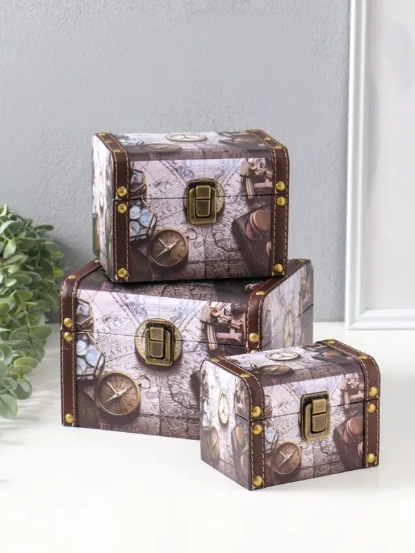 Шкатулка дерево "Карта и компас" набор 3 шт 8,5х12х8,5 12,5х15х11,5 18х15,5х13 см
