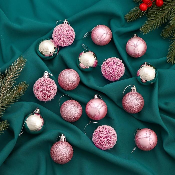 Набор шаров пластик d-4 см, 16 шт Набор шаров пластик d-4 см, 16 шт "Глэдис диско" серебро розовый