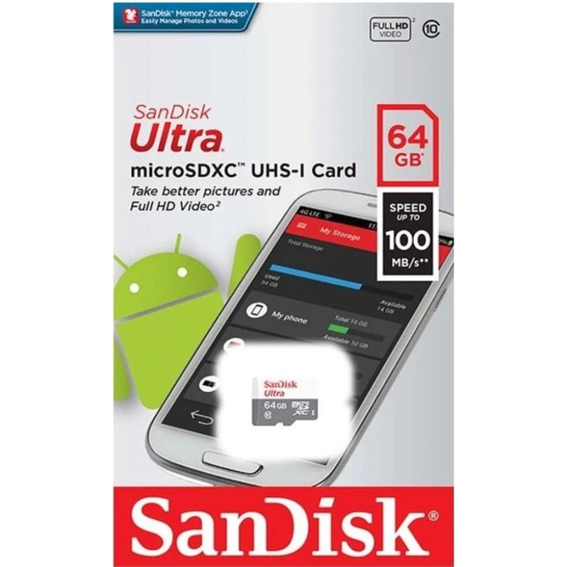 Карта памяти SanDisk Ultra microSDXC UHS-I Cl10, SDSQUNR-064G-GN3MN