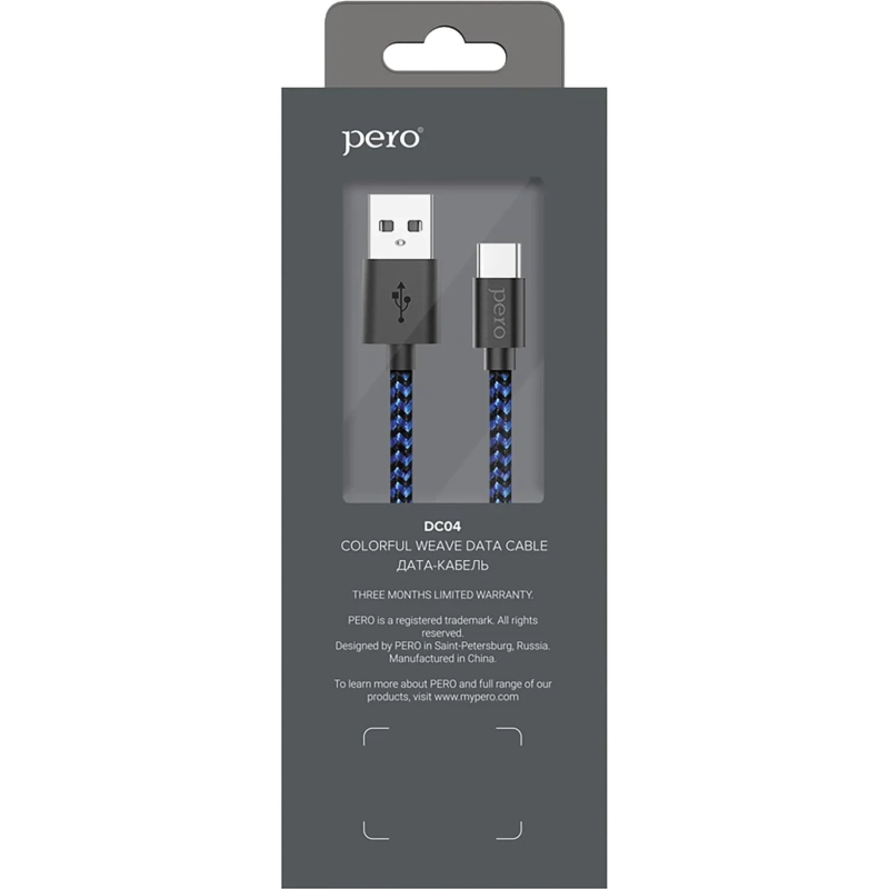 Кабель USB PERO DC-04 Type-C, 3А, 1м, Blue-black (Fast Charge)