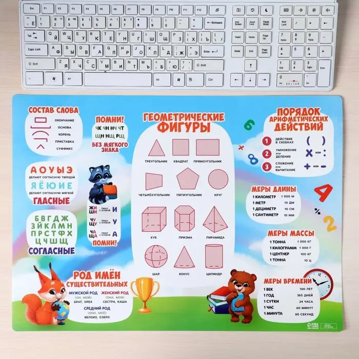 Накладка на стол пластиковая А3 (460 х 330 мм), Calligrata, Накладка на стол пластиковая А3 (460 х 330 мм), Calligrata, "Русский язык/ Математика" 430 мкм, обучающая