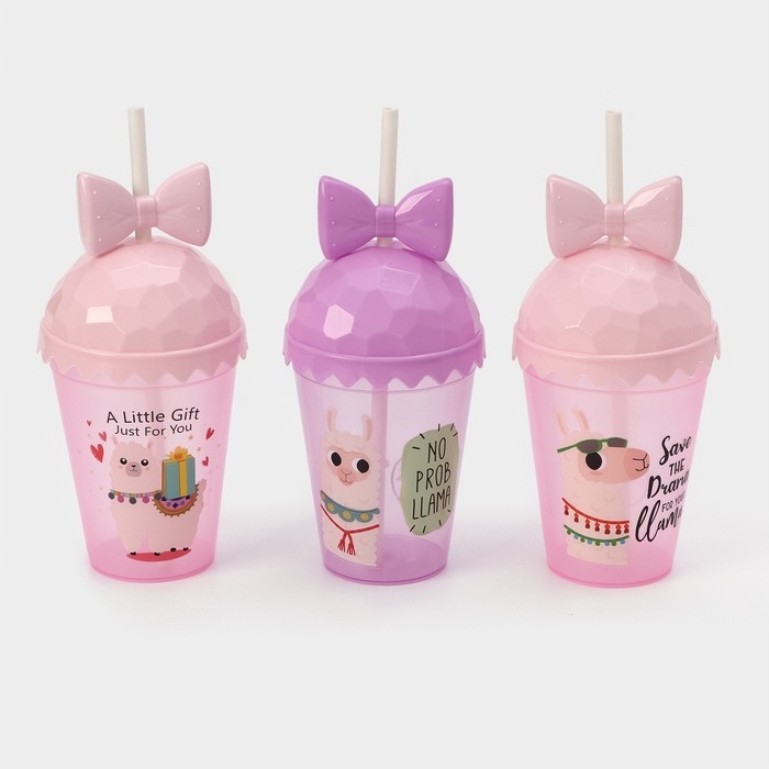 Стакан пластиковый с крышкой и трубочкой Доляна «Приключения ламы», 500 мл, цвет МИКС