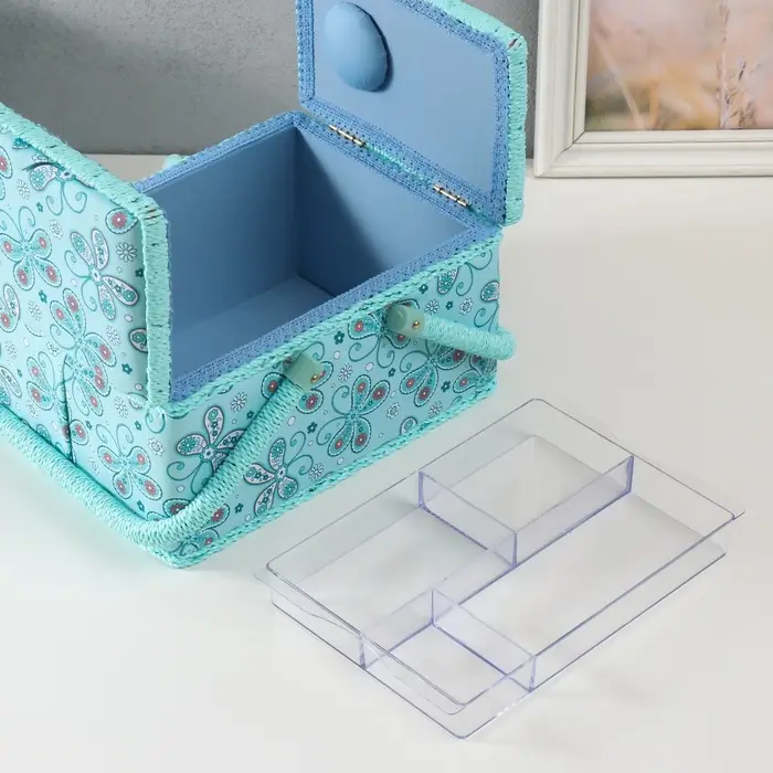 Шкатулка для рукоделия и шитья &laquo;Бабочки и цветочки на голубом&raquo;, хранение ниток, иголок, мелочи, 19&times;26&times;14.5 см