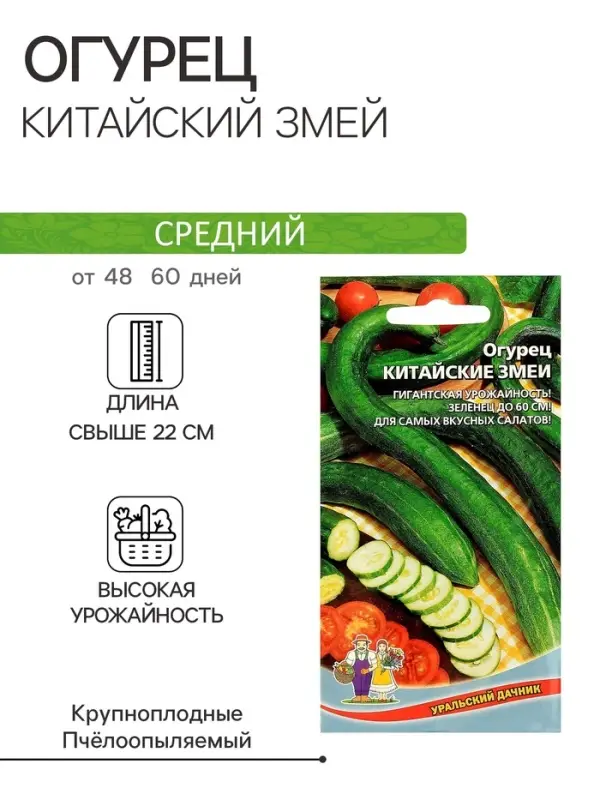 Семена Огурец Семена Огурец "Китайский Змей", среднепоздний, пчелоопыляемый, 10 шт