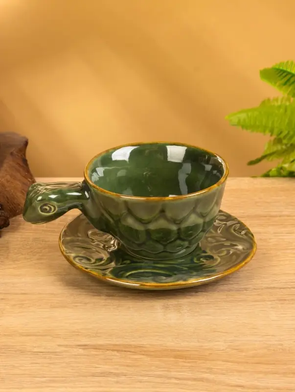 Чашка с блюдцем «Черепашка», 13×13×7 см, керамика, зелёная