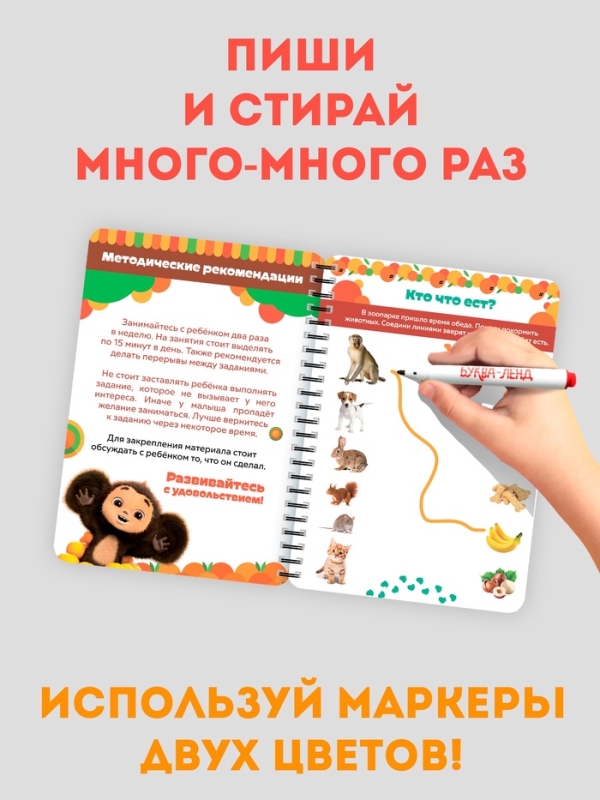 Многоразовая книга  Многоразовая книга "Развивающая тетрадь", 17х24 см, 32 стр., +2 маркера, Чебурашка