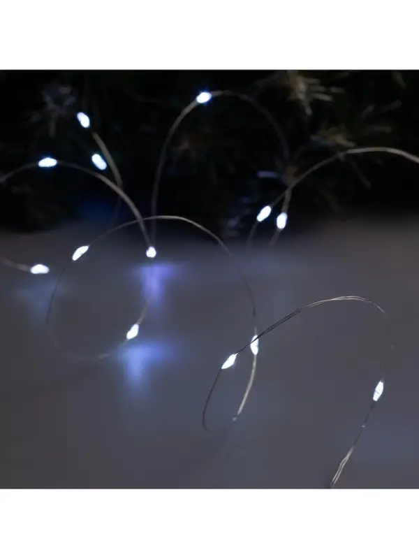 Гирлянда &laquo;Нить&raquo; 2 м роса, IP20, серебристая нить, 20 LED, батарейки CR2032&times;2 (в комплекте), свечение белое