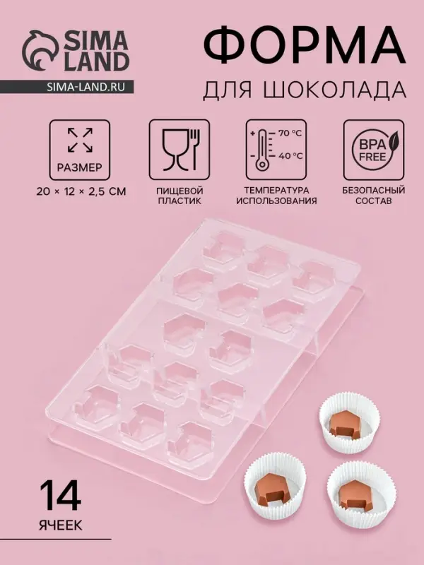 Форма для конфет и шоколада &laquo;Конструктор&raquo;, пластик, 20&times;12&times;2.5 см, 14 ячеек 2.8&times;2.8&times;0.8 см, прозрачная