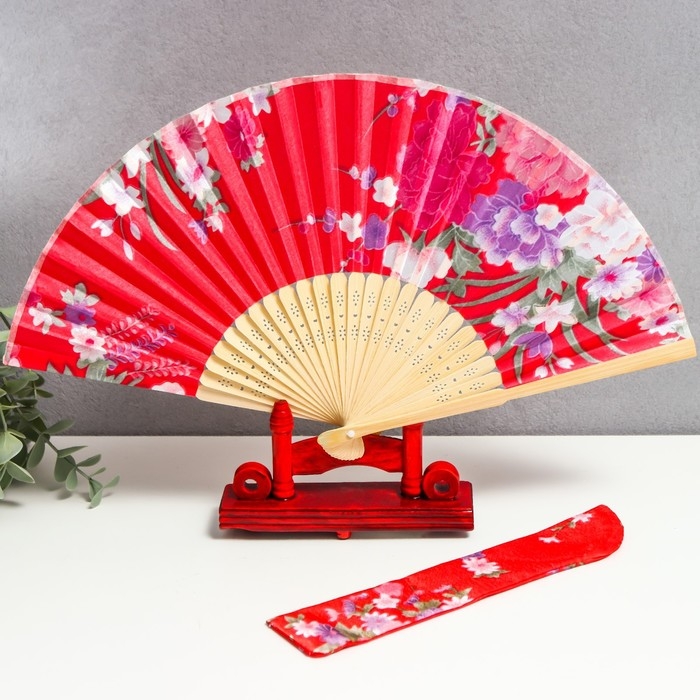 Веер бамбук, текстиль h=21 см  Веер бамбук, текстиль h=21 см "Цветы" с чехлом, красный