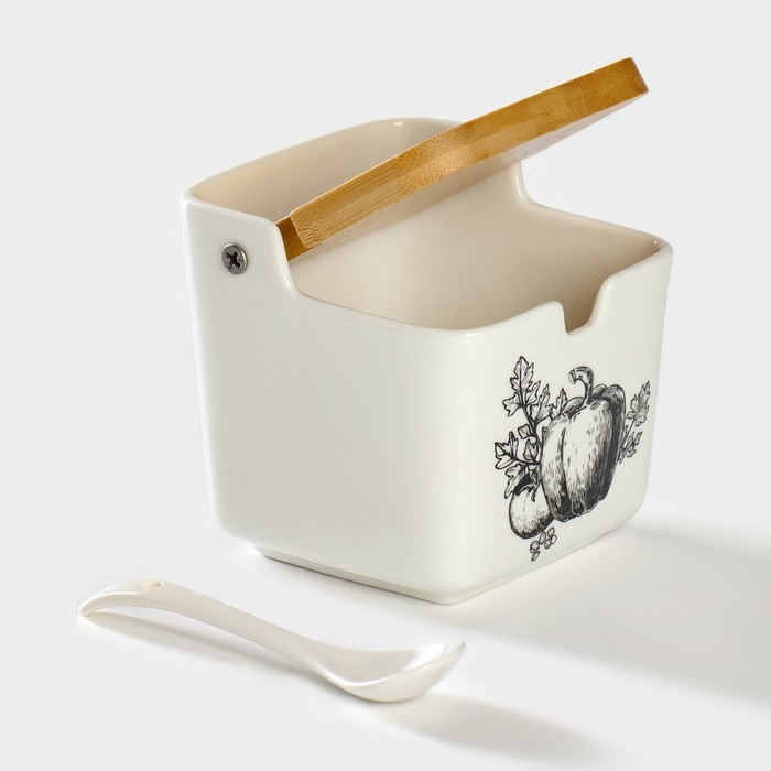 Банка для хранения сыпучих продуктов с ложкой BellaTenero &laquo;Эстет. Овощи&raquo;, 250 мл, с бамбуковой крышкой, фарфоровая, цвет белый