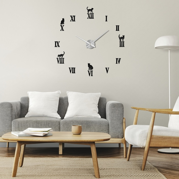 Часы настенные интерьерные большие, 3d  Часы настенные интерьерные большие, 3d "Кошечки", бесшумные, наклейка, d-120 см